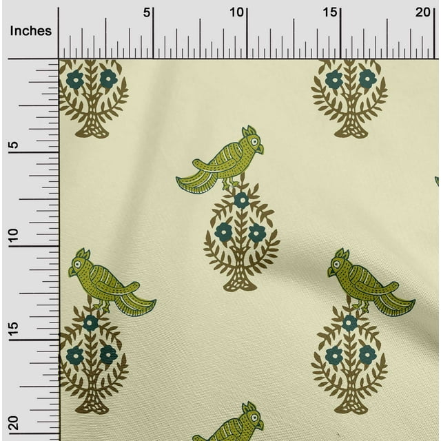 oneOone Viscose Jersey Fabric Leaves|Bird & Floral Block Printed Craft Fabric BTY 60 Inch Wide