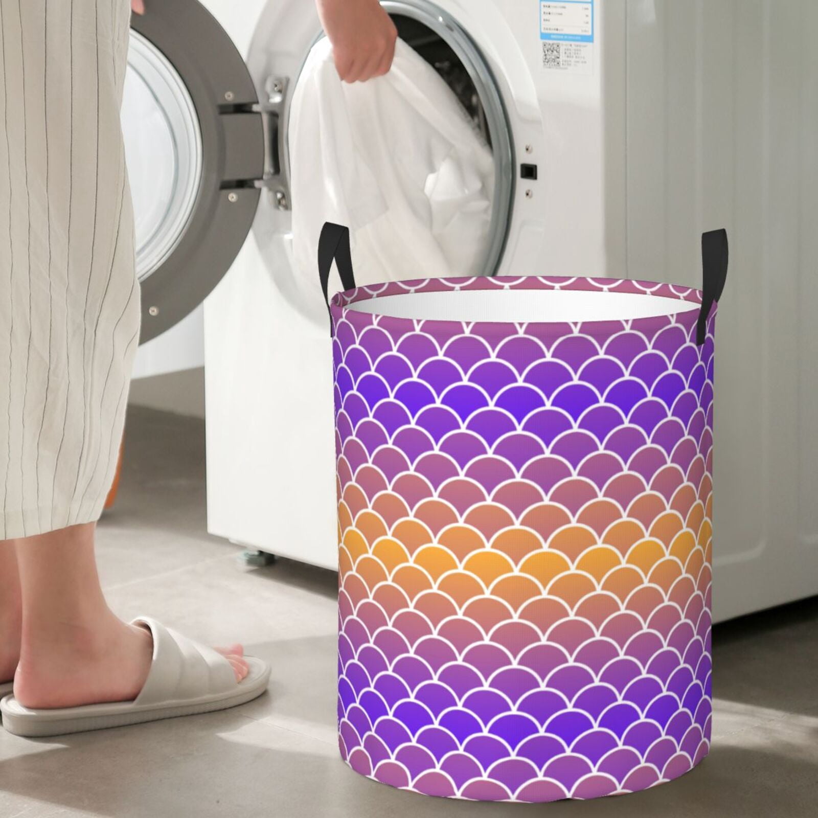 Large Laundry Basket with Handles - purple orange fish scale Kids Baby Dirty Clothes Laundry Hamper for Bedroom Aesthetic