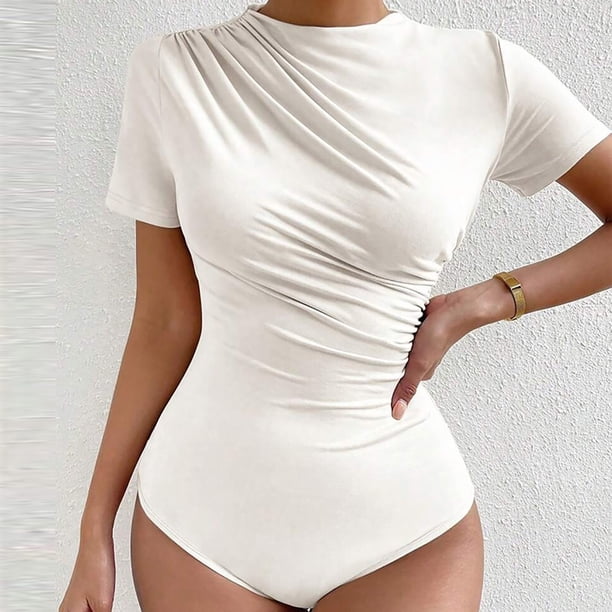 Body moldeador para mujer, color liso, ligero, fino, plisado, ajustado, manga corta, cuello redondo, mono con aberturas.