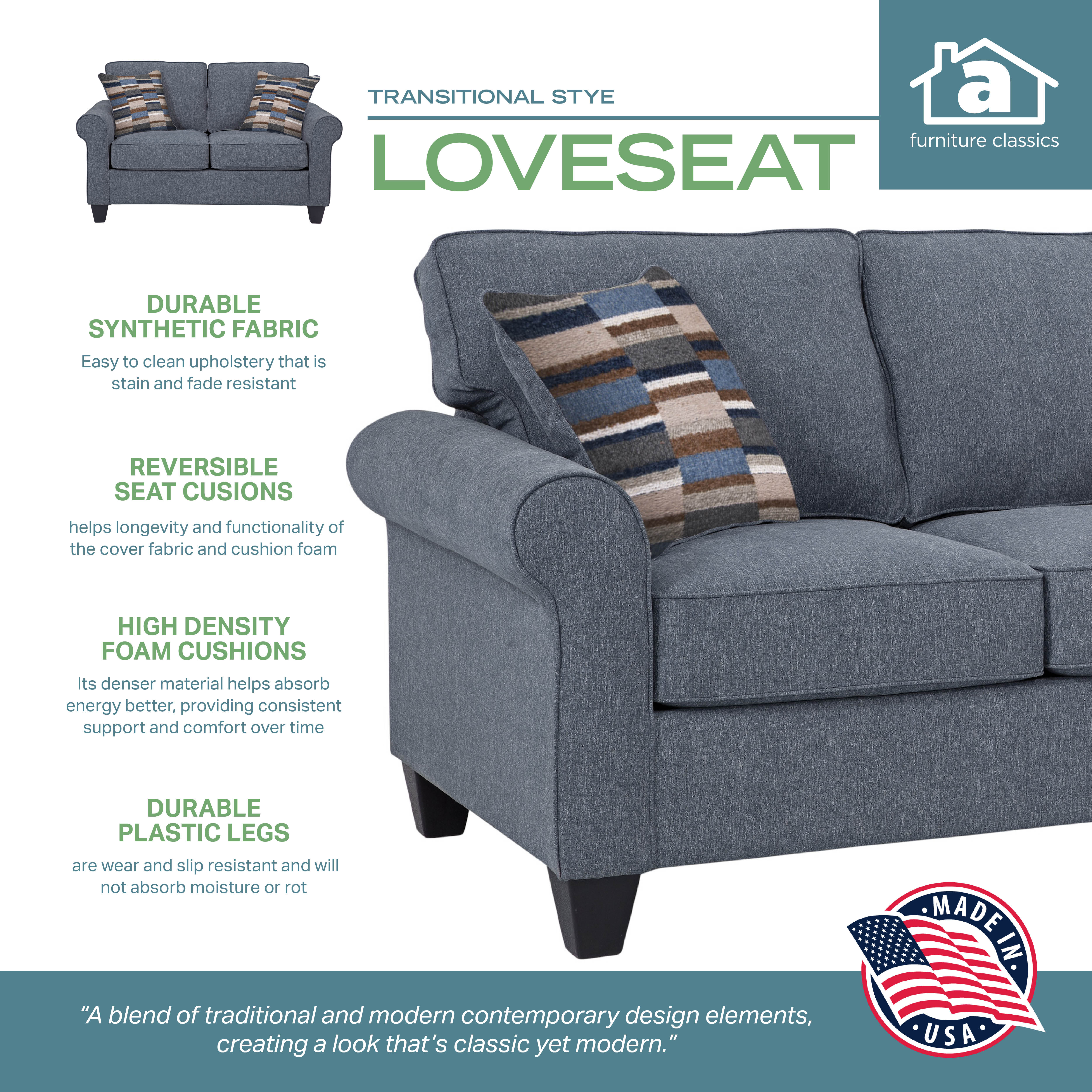 American Furniture Classics Model 8-020-A330V22 Eureka Rolled Arm Loveseat with Two Pillows