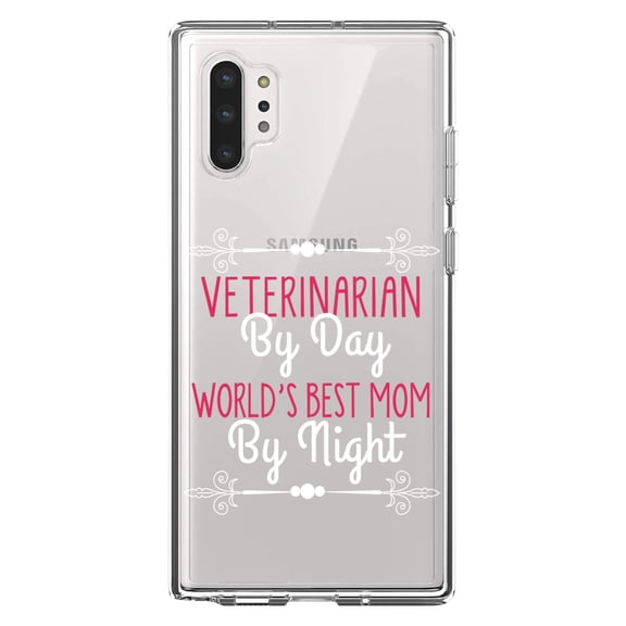 DistinctInk Clear Shockproof Hybrid Case for Galaxy Note 10 PLUS (6.8" Screen) - TPU Bumper Acrylic Back Tempered Glass Screen Protector - Vet By Day, Best Mom By Night