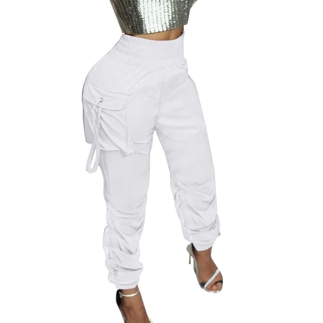 Gibobby Pantalones tipo cargo para mujer Pantalones casuales plisados de cintura alta para mujer con todos los pantalones de pie de atuendo de trabajo(Blanco,G)