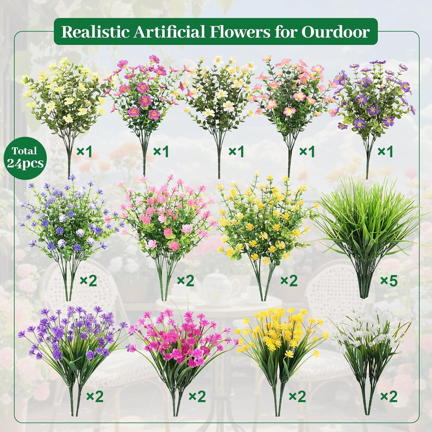 Artificial Flowers for Outdoor - UV Resistant Faux Flowers with Eucalyptus & Fake Lavender Greenery Plants for Indoor Garden Patio Porch Window Box Hanging Decor