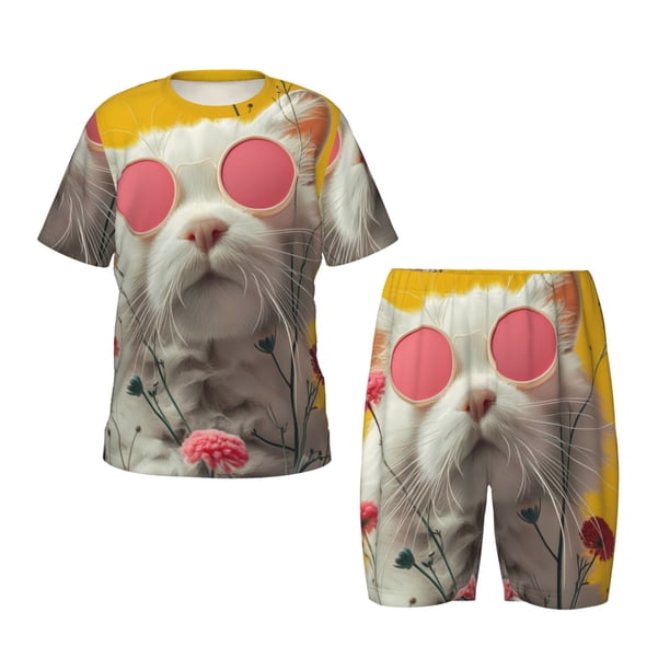 Fotbe Floral Sunglasses Cat Art Pijama Estampada de 2 Piezas para Niños – Ropa de Dormir de Manga Corta Cómoda para Niños y Niñas, Camiseta y Shorts de Algodón-Small