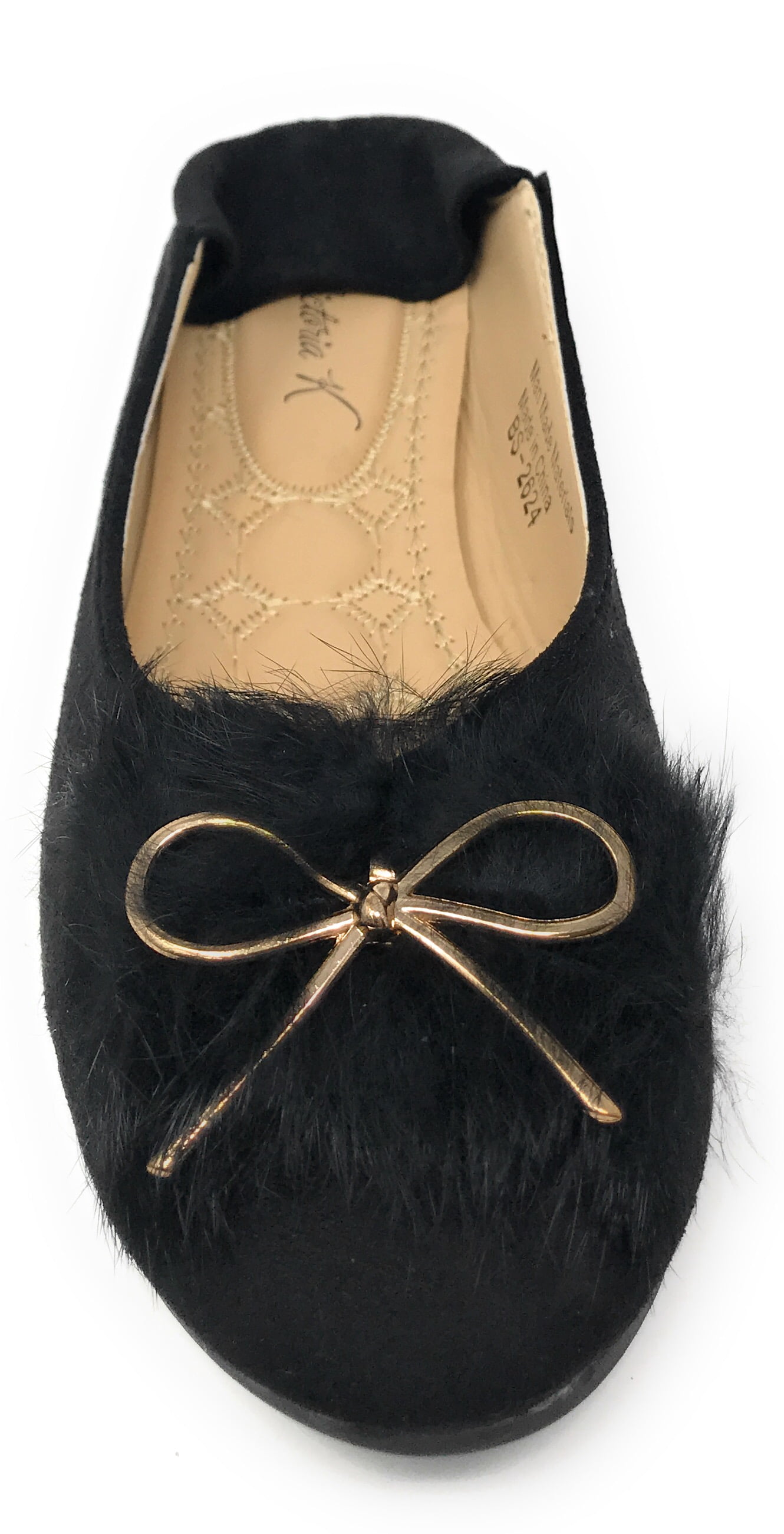 Victoria K Women's Foldover Sueded Faux Fur Gold Bow Ballerina Flats