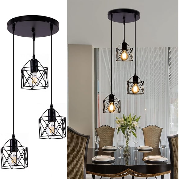 3 Light Pendant Lighting, Farmhouse Hanging Light Fixture for Kitchen Island & Dining Room, Industrial Vintage Ceiling Lamp with E26 Base, Adjustable Height, Matte Black