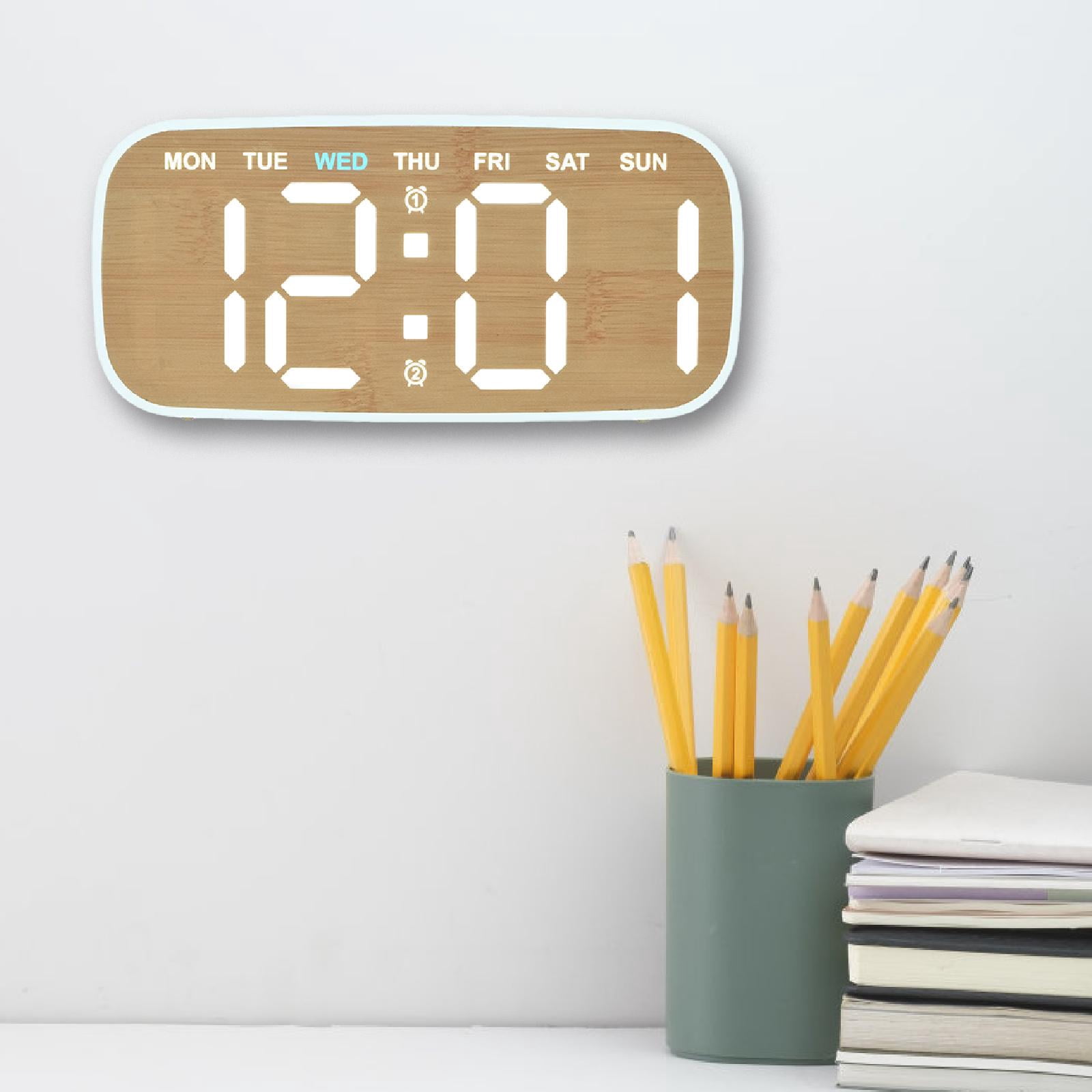 Dualoai Digital Alarm Clock Easy to Use Home Decor Two Alarm Settings Calendar Clock Wood color