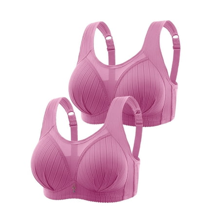 Crunowin Women s Plus Size Bra 2 Pack  Breathable Lingerie Wire Free Comfort Solid Color Behind Buckle Everyday Underwear Hot Pink M