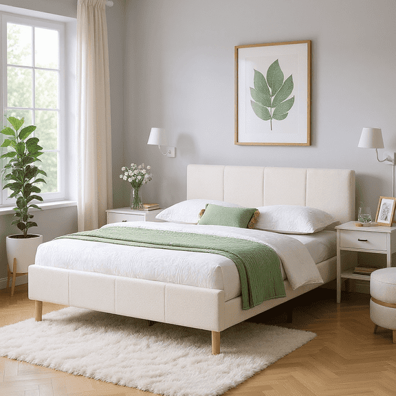 KING Size Platform Bed Frame with Adjustable Upholstered Headboard and Wood Slats Support