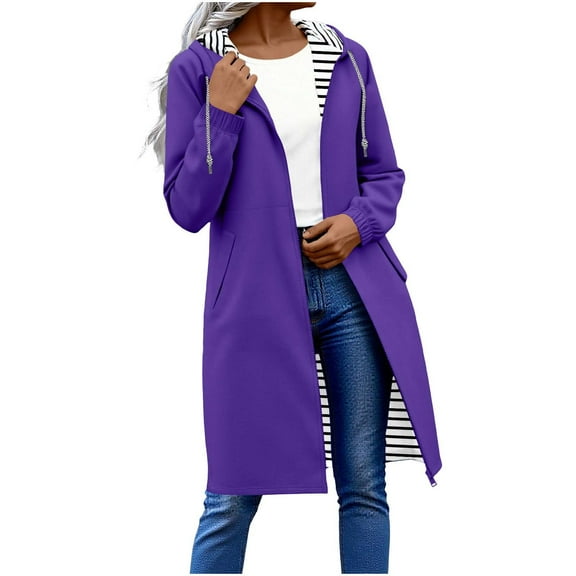 FAWUUDO Rain Jacket Women Long with Hood Waterproof Lightweight Raincoat Striped Lined Windbreaker Outdoor Travel Jackets Purple