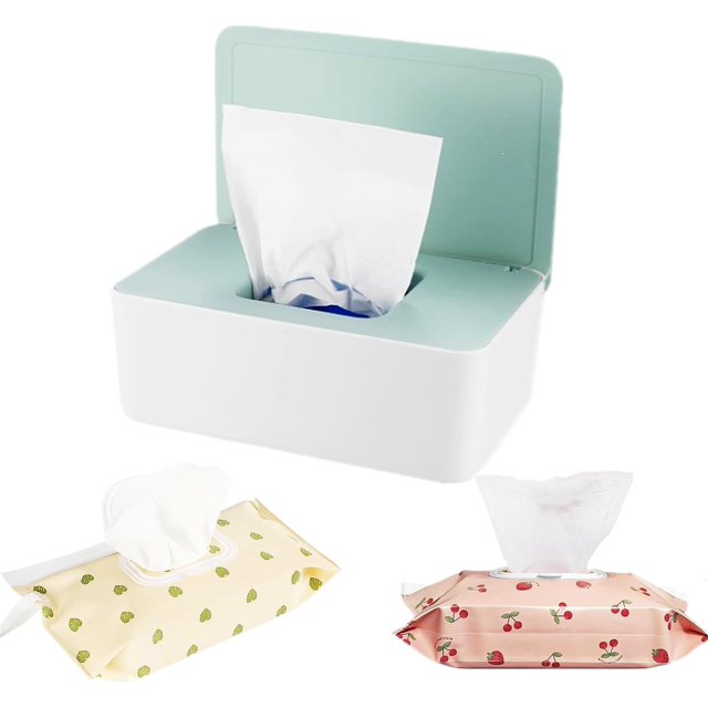 Wipes Dispenser with 2Pcs Portable Refillable Wipe Holder,Reusable Large Wipe Holder Box Flushable Wipes Case Bathroom Wipes Container for Pet Nursery Kitchen Office Counter(White-Green)