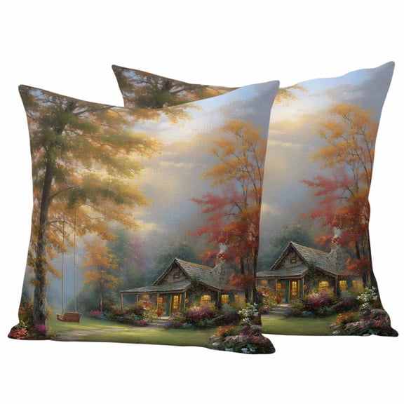Fall Forest Outdoor Waterproof Pillow Covers, Country Pastoral Trees Cabin Nature Scenery Decorative Square Throw Pillowcase Sofa Cushion Sham for Patio/Couch/Chair, 20"x20" 2 Pack