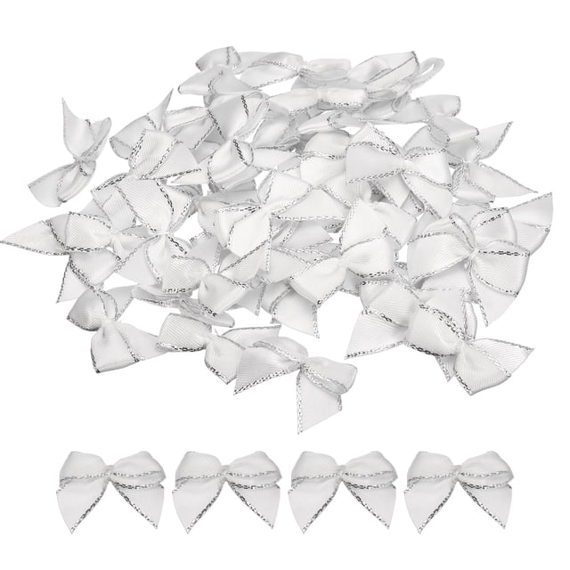 Uxcell 100pcs Mini Metallic Edge Ribbon Bow Satin Ribbon Flower Bows Craft DIY Hair Bow White