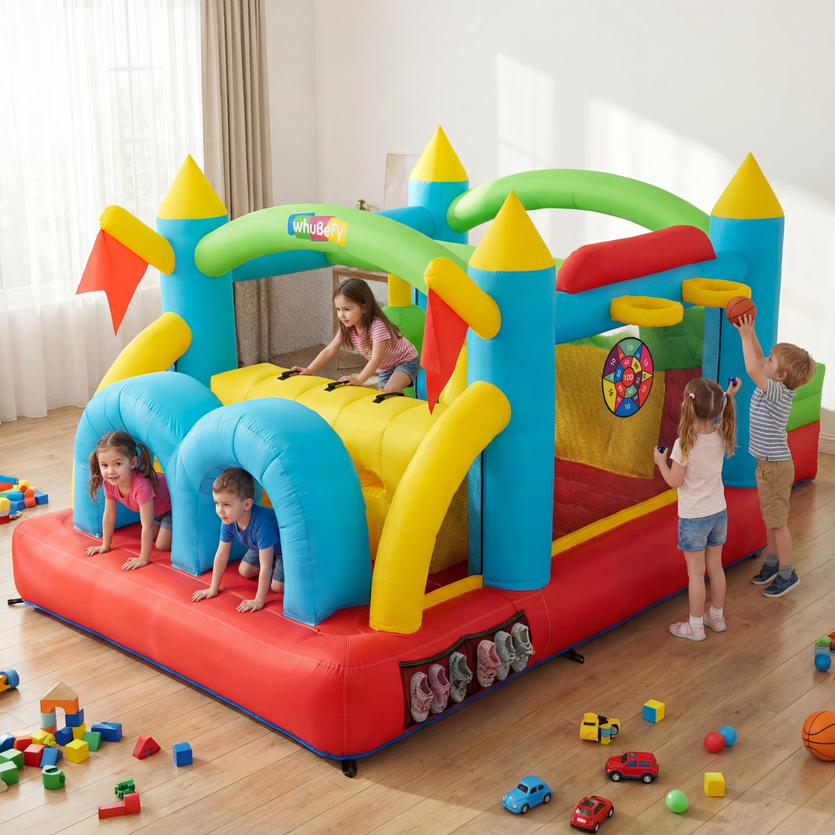 Adnoom Inflatable Obstacle Course Bounce House for Kids 3-12, 7-in-1 Jumping Castle with 550W Blower, Patio Bouncy House w/Dual Tunnels, Double Slides, Basketball Hoops, and Climbing, Indoor/Outdoor