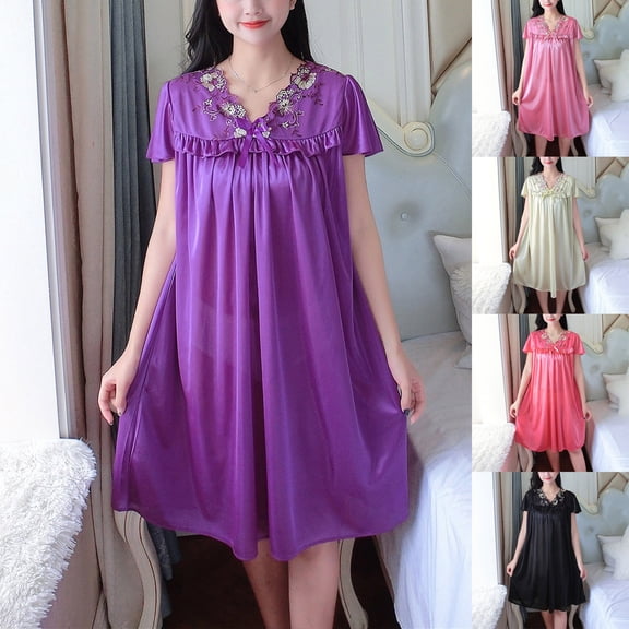 YHAJDS Sleepwear With Built In Bra Short Sleeve V Neck Solid Color Ladies Sleep Dress