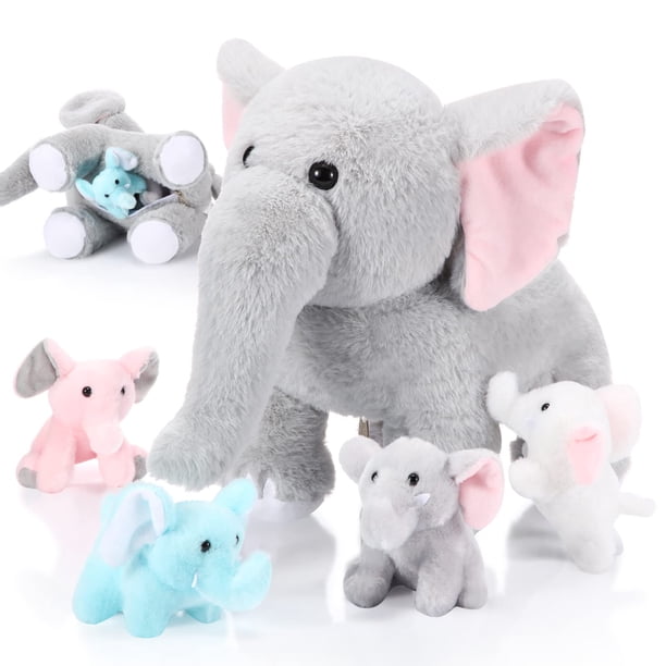 Set de animales de peluche Skylety con diseño de elefante de peluche con bebés, 5 unidades