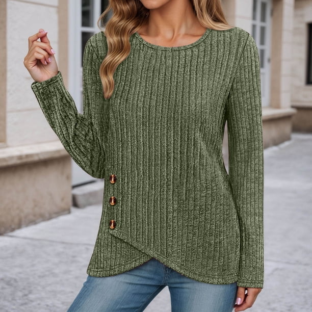 MHFRRA Camiseta de Manga Larga Ajustada para Otoño e Invierno, Básica, Elástica, Acanalada, Cómoda, Cuello Redondo, Informal, para Uso Diario Verde Militar