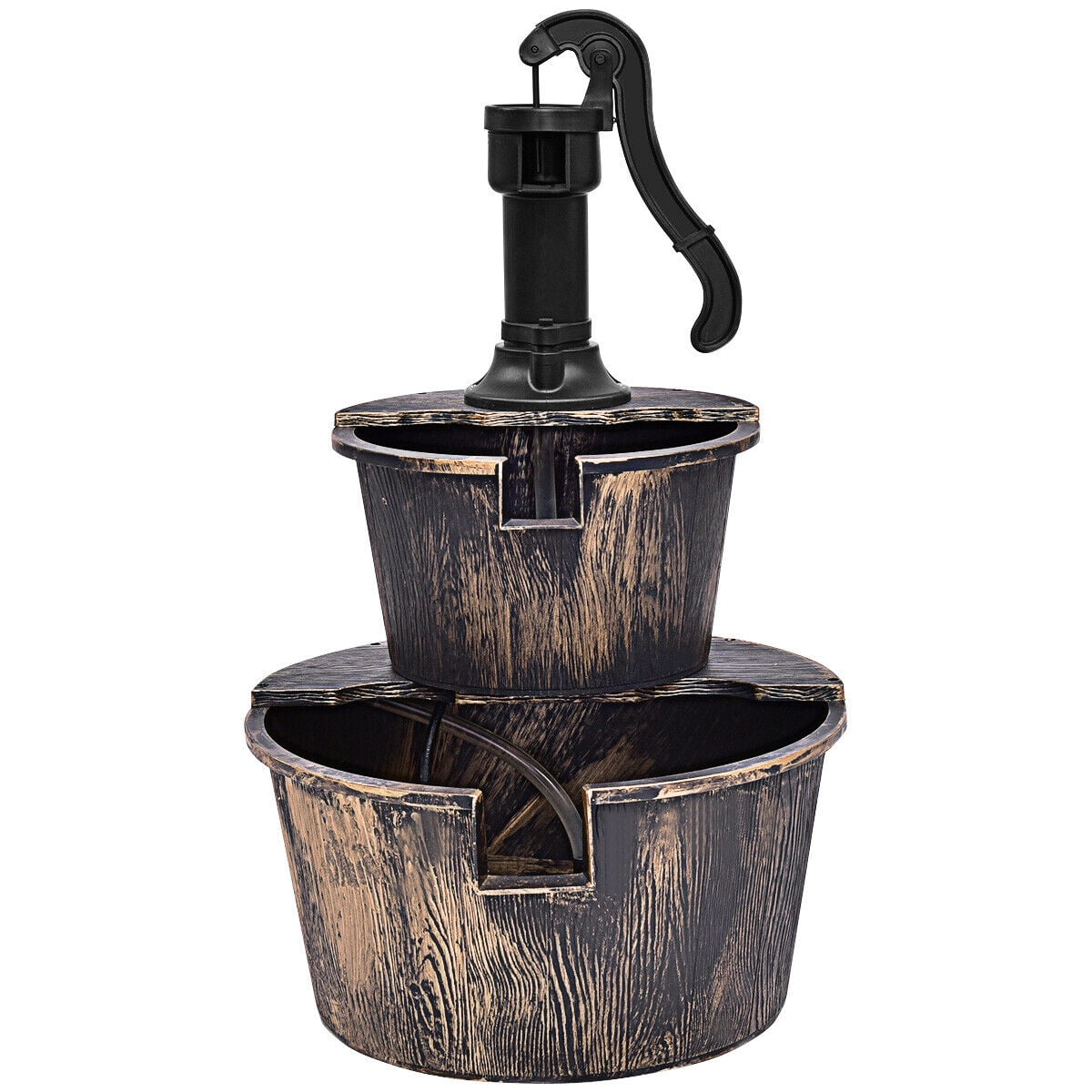 Gymax 2 Tier Barrel Waterfall Fountain Barrel Water Fountain Pump Outdoor Garden