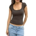 thumbnail image 2 of Women Cotton Ribbed Scoop Neck Short Sleeve Shirts Cap Sleeve Slim Fit T-Shirt Basic Summer Going Out Top Brown S, 2 of 9