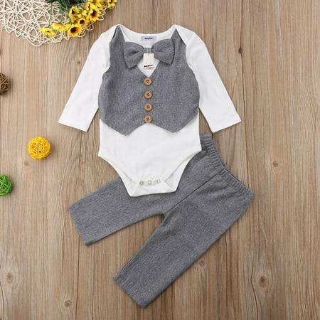 

Infant Baby Boy Wedding Formal Suit Bow Tie Gentleman Top Romper+Pants Outfit