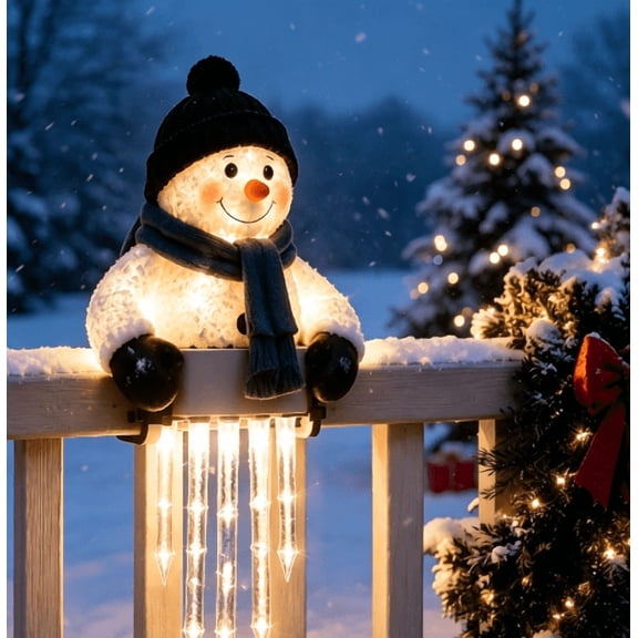 WinterGlow Snowman Icicle Light Decor, Christmas Holiday Accessory with Cascading Icicle Lights for Front Porch Outdoor Decoration