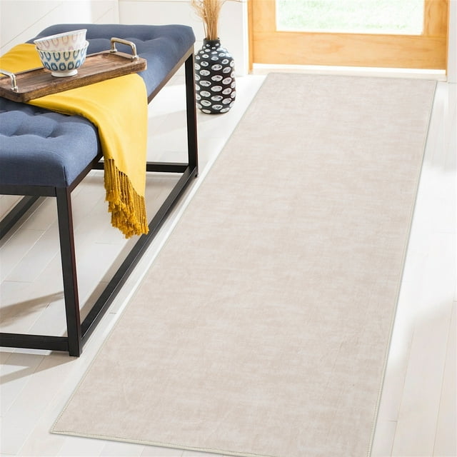2'3"x8' Modern Solid Hallway Runner Rug – Soft Low-Pile, Machine Washable Beige Runner Rug