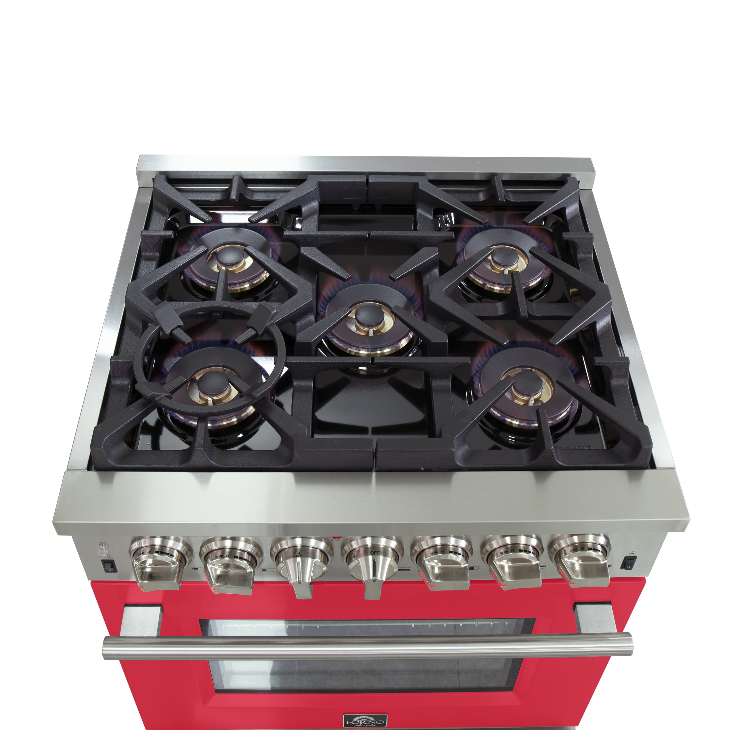 Forno Capriasca 30-Inch Freestanding Dual Fuel Range, 4 Burners, True Convection Oven, Red Door