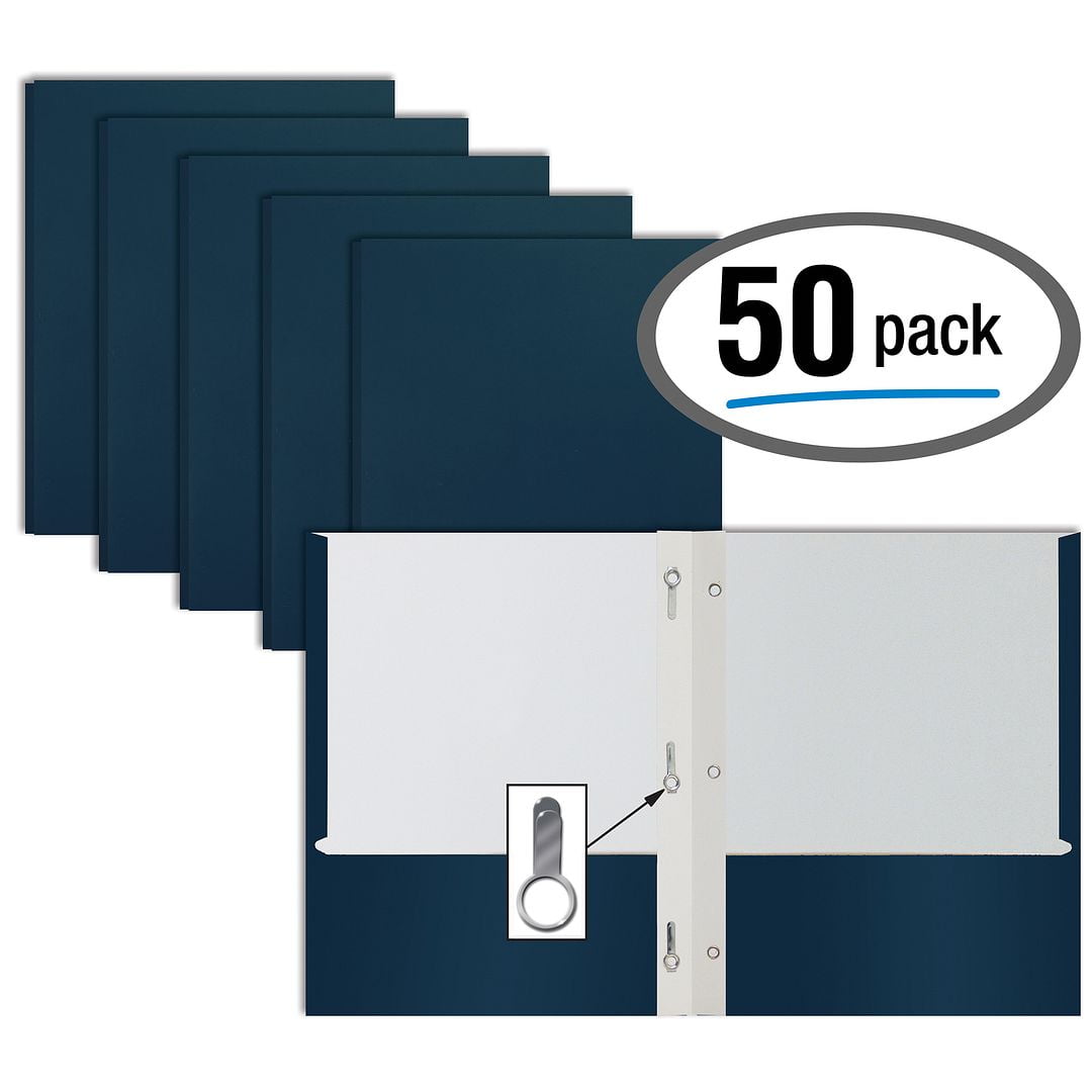 Navy Blue Paper 2 Pocket Folders with Prongs, 50 Pack, by Better Office Products, Matte Texture