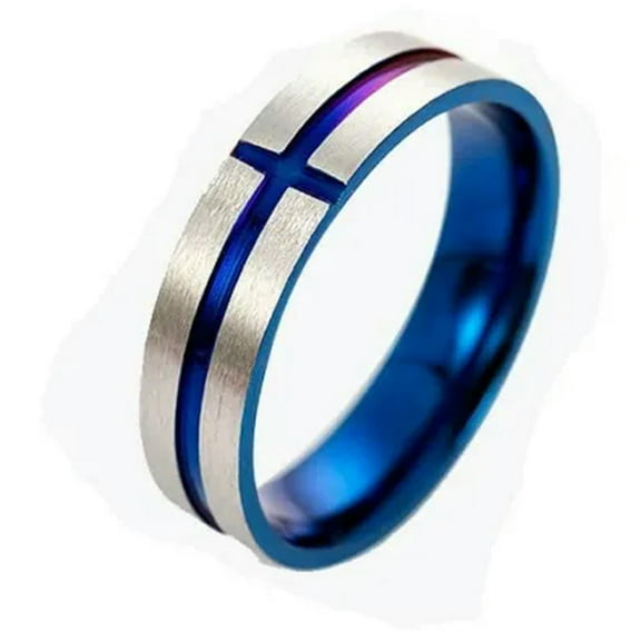 6MM Blue/Black Cross Band Men's Stainless Steel Silver Brushed Ring Size 7-12