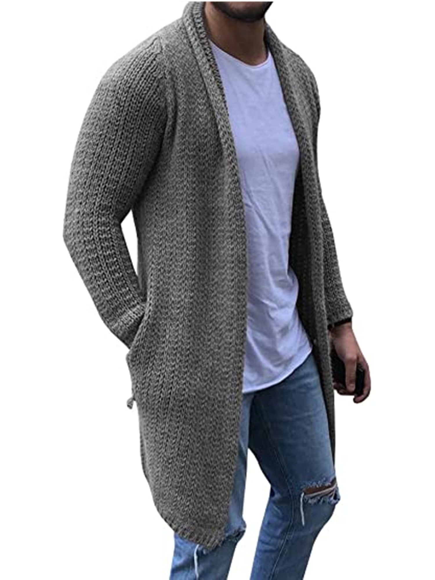 GRMO Men Winter Open Front Lapel Long Sleeve Pockets Knit Sweater Cardigan 
