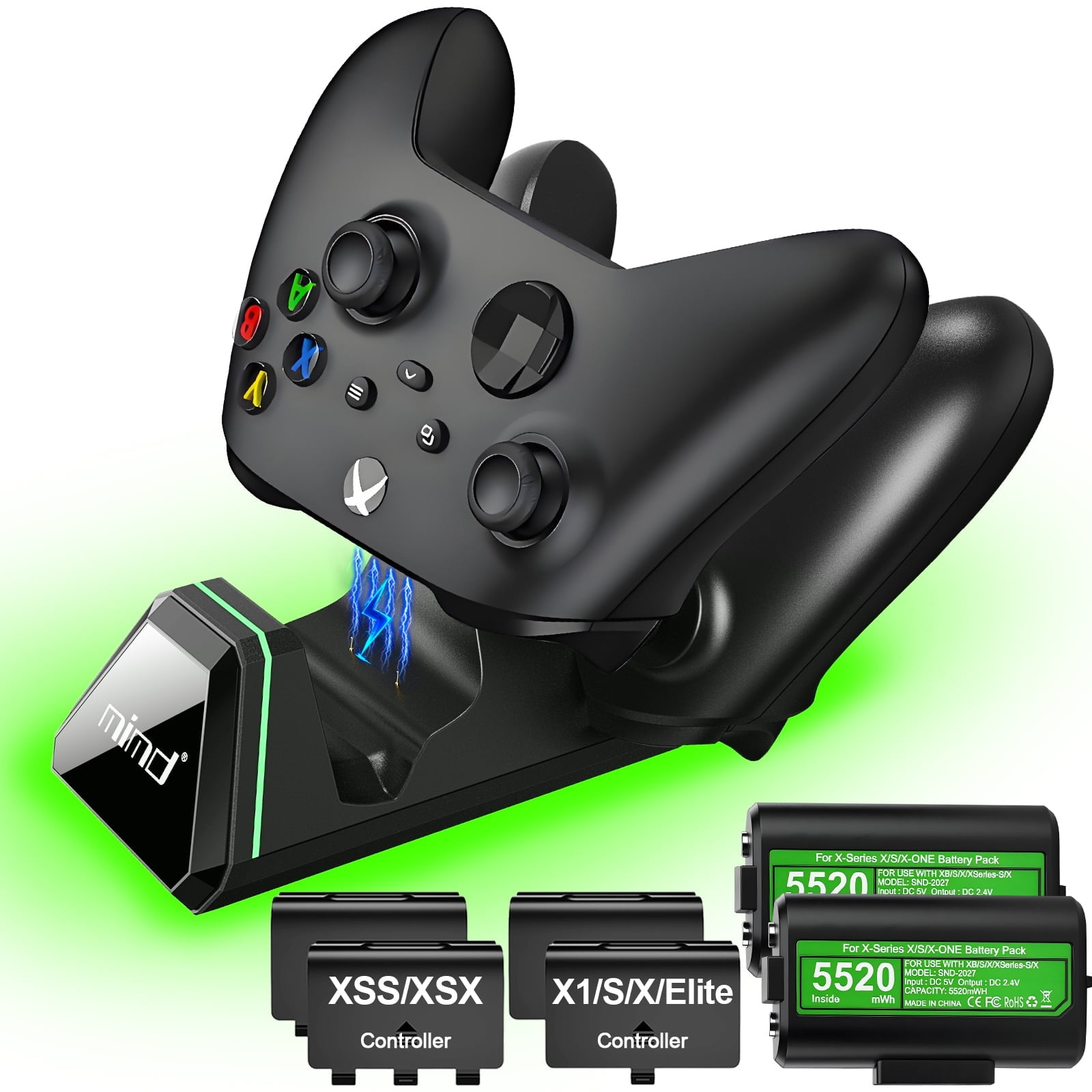 2-in-1 for xbox Controller Charger Station with 2X5520mWh Rechargeable Battery Pack, 4 Battery Covers, Charging Dock for Xbox One/Series X|S Controller