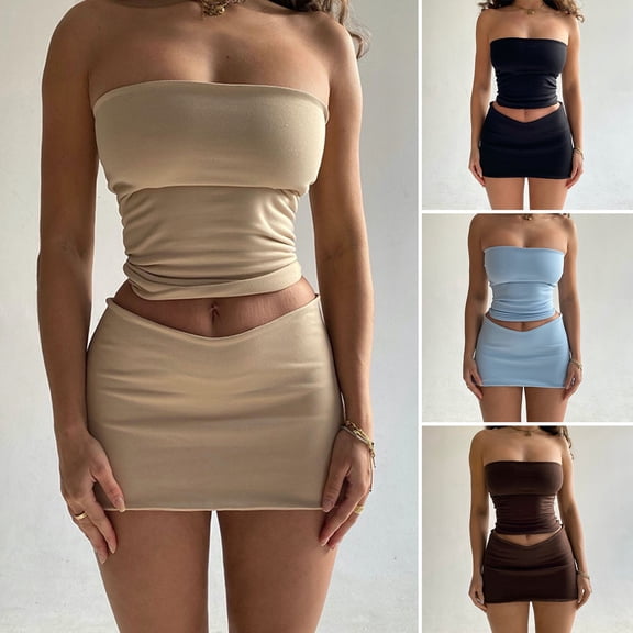 Joernso Women's Two Piece Skirt Set Strapless Bandeau Tube Crop Top And Bodycon Mini Skirt Set Summer Club Outfit