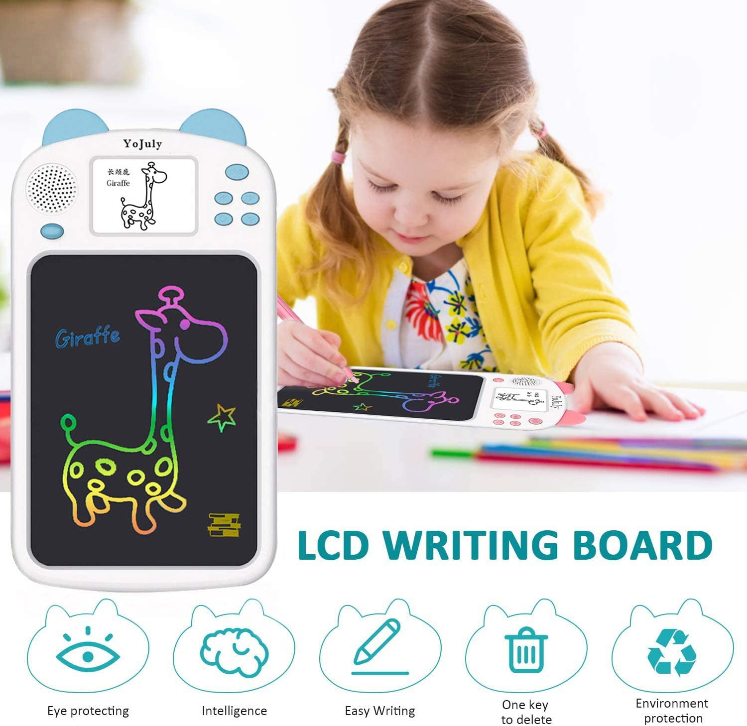 8.5 inch Erasable Electronic Digital Drawing Pad Doodle Board,2.8-inch Audible Electronic Display,Hundreds of pictures Choose,Doodle Pads Drawing Board Gift for Kids Blue YoJuly LCD Writing Tablet 