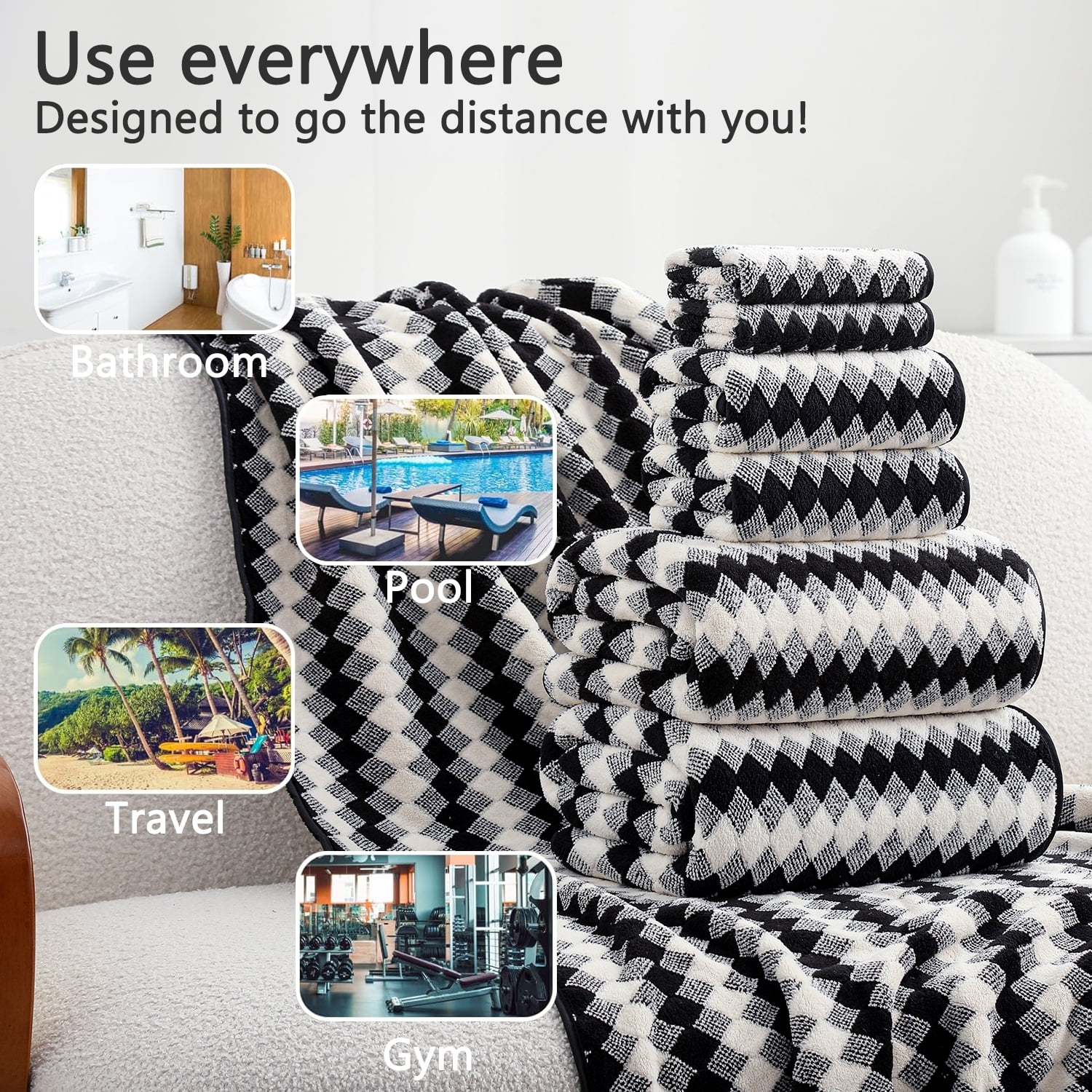 Beartech 8 Piece Microfiber Bath Towel Set 2 Oversized Bath Sheet,2 Hand Towels and 4 Washcloths| Ultra Soft & Less lint,Highly Absorbent Quick Dry Shower Towel For Bath Hotel-Black