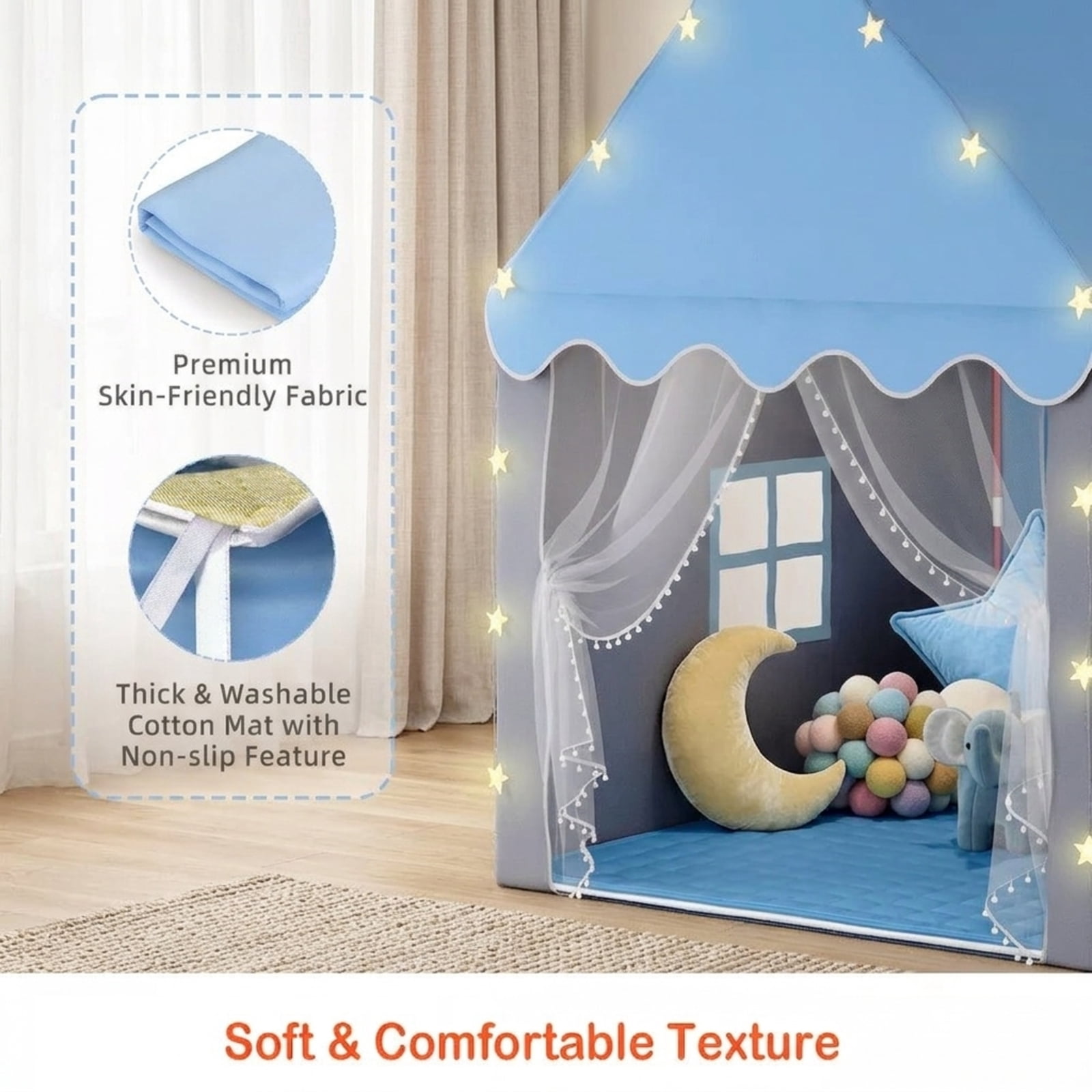 Fenbeli 2-in-1 Kids Play Tent with Padded Mat and Star Lights, Indoor Outdoor Playhouse with Windows, Blue and Gray