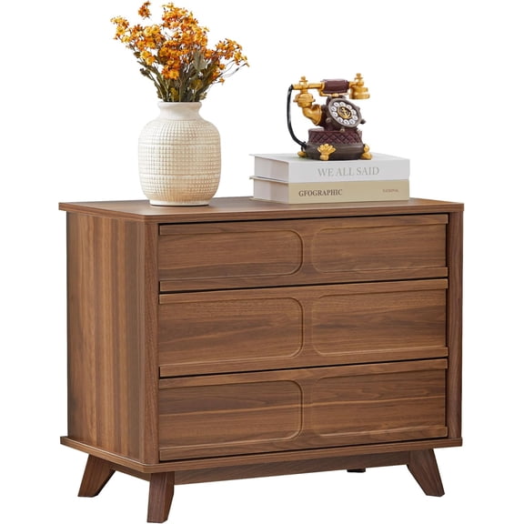 3 Drawer Dresser for Bedroom, Mid Century Modern Chest of Drawers, Wood Wide Nightstand with 3 Drawer for Bedroom Living Room (Walnut 1PC)