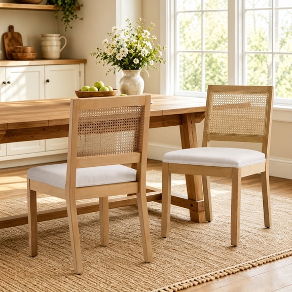 Dining Chairs Set of 2, Modern Farmhouse Rattan Kitchen Chairs with Cane Back, LEGAHOME Upholstered Beige Dining Room Chairs, Wood Side Chair for Kitchen Dining Room