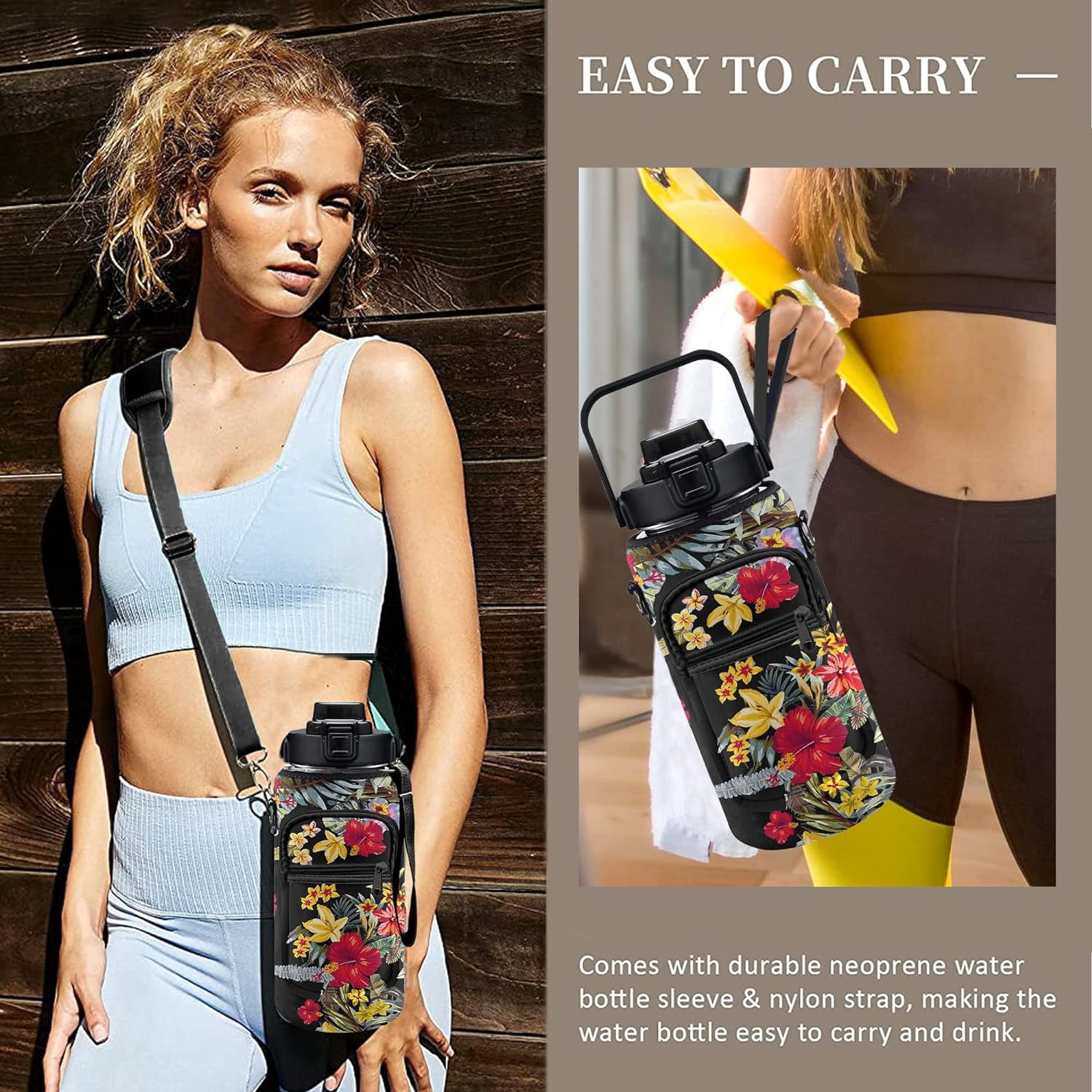 Half Gallon Water Bottle with Sleeve Water Bottle 64 Oz Water Bottle with Time Marker, 1/2 Gallon Water Bottles Half Gallon Water Bottle with Straw and Gym Yoga 1/2 Gallon Water Jug for Women Flowers