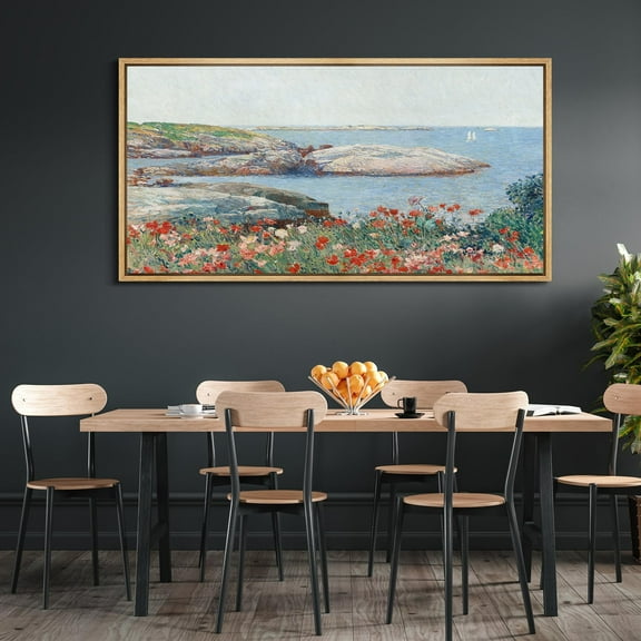 IDEA4WALL Extra Large Framed Canvas Print Wall Art Seaside Coastal Landscape with Blooming Flowers Retro Fine Art Seascape Vintage Wall Decor Oversized Artwork for Living Room - 60"x30"