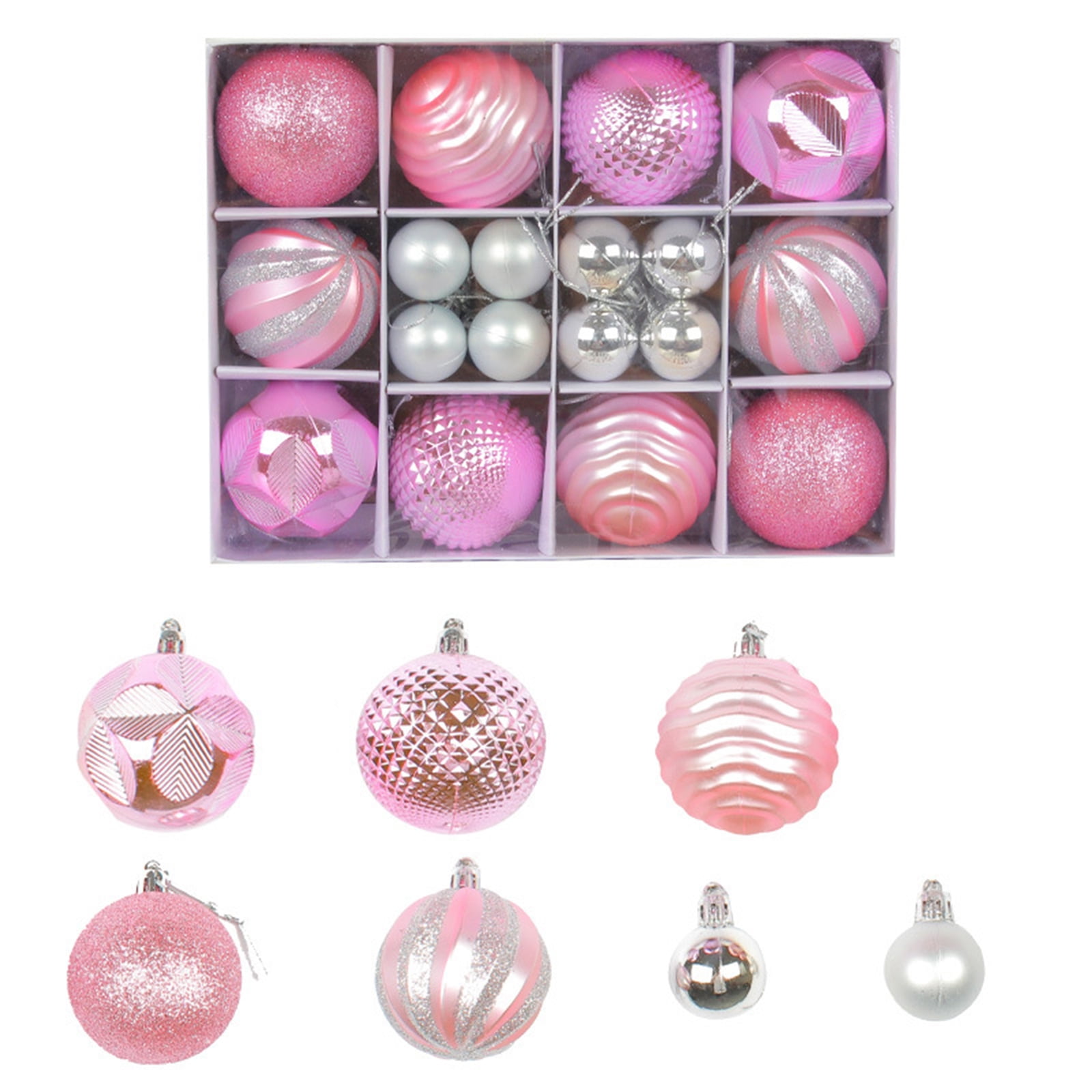 Pink Silver Christmas Ball Ornaments for Xmas Tree Decorations 34pcs