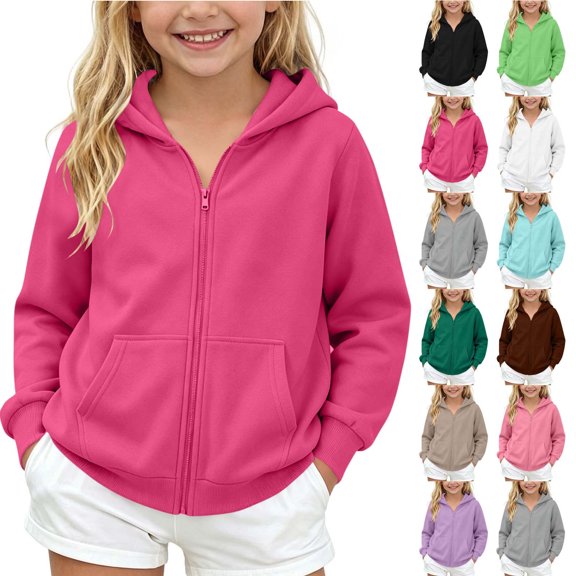 akafmk Girls Zip Up Hoodies Fleece-Lined Hooded Sweatshirt Solid Color Long Sleeve Casual Jacket Fall Winter Fashion Coat with Pockets