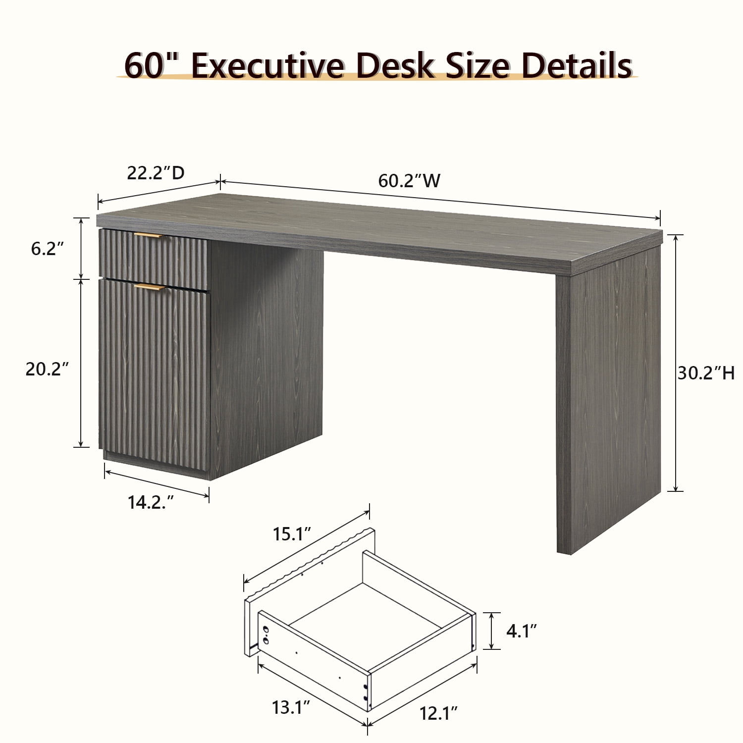 IFMust 60" Home Office Desk with Storage Drawer & Cabinet, Modern Executive Desk with Charging Station, Fluted Computer Desk for Study, Living Room, Grayish Green