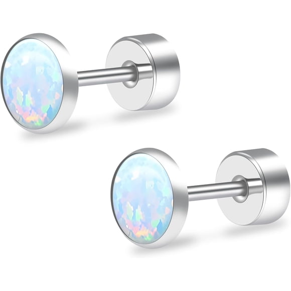 Titanium Flatback Earrings for Women Opal Fire and Snow Stud Earrings Flat Back Women Earrings Hypoallergenic Cartilage Flatback Earring Tragus Helix Tragus Conch Piercing 3mm-5mm Fire and Snow 4MM