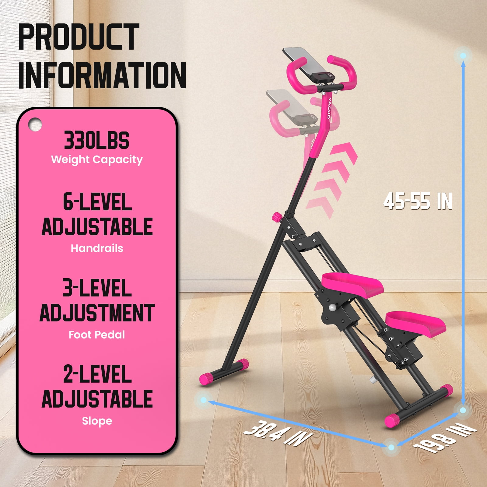 Stair Stepper with 6-Level Adjustable Handrails, 330lb Weight Capacity Stair Climber for Full-Body Exercise, Compact Foldable Step Machines for Home Workouts & Small Spaces, Pink