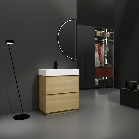 30-Inch Single Sink Freestanding Bathroom Vanity with Undermount Cabinet, Dual Drawers Storage, Waterproof Engineered Wood for Compact Bathrooms, Oak Finish
