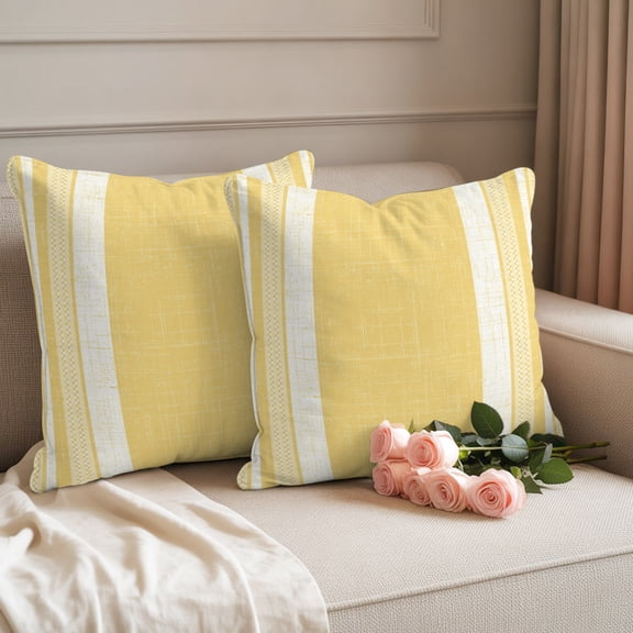 Outdoor Throw Pillow Covers,Minimalist Geometric Yellow Stripe Waterproof Decorative Pillowcases Cushion Cover Farmhouse Burlap Linen Pillow Cases for Patio Couch Sofa Bed,18x18in Set of 2