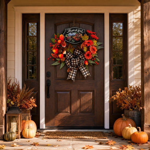 Fall Front Door Wreath, Artificial Wreath with Plaid Bow, Maple Leaves and Pumpkin Sign, Thanksgiving Decor for Home, 19.7 Inch