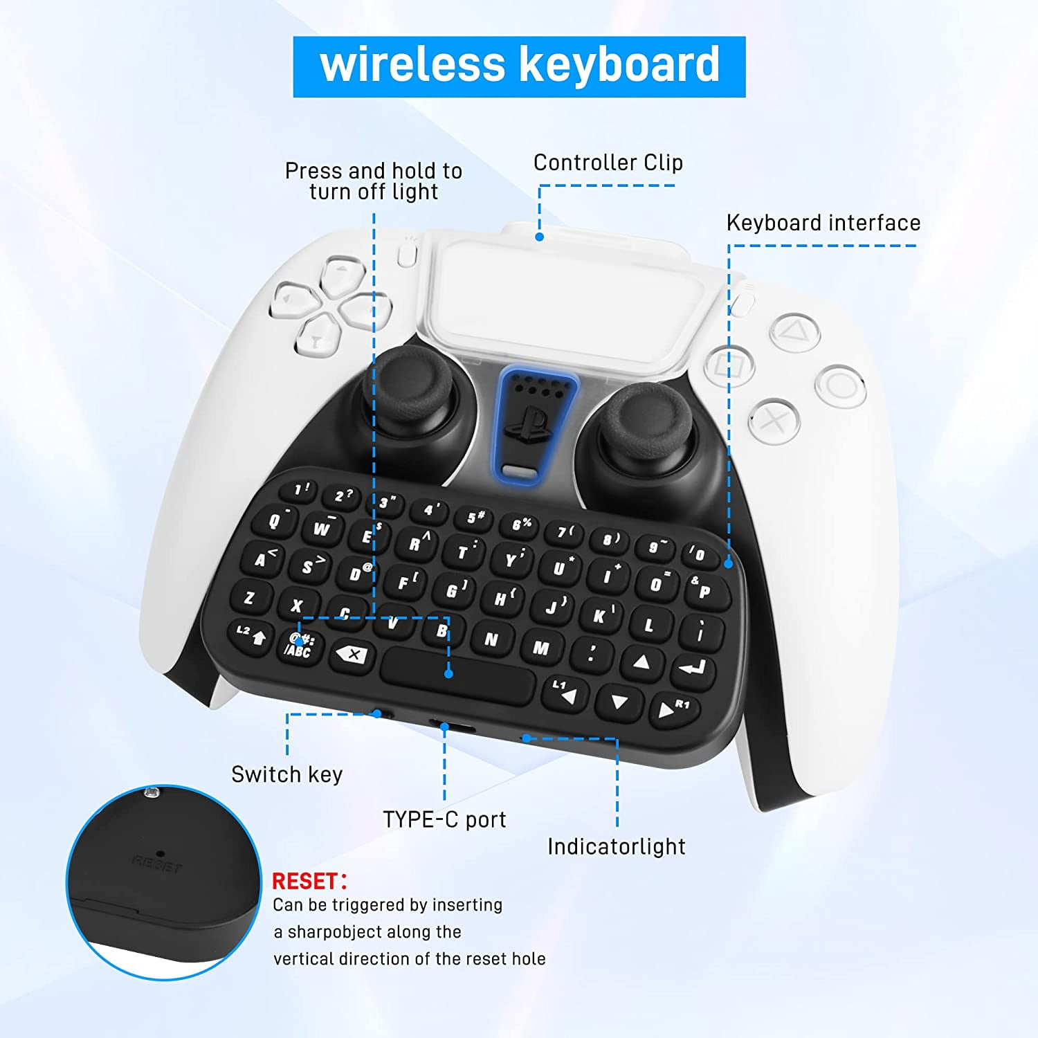 Bluetooth Controller Keyboard  for PS5,Wireless Mini Keyboard for PS5 Controller, with Backlight and USB-C Charging Cable