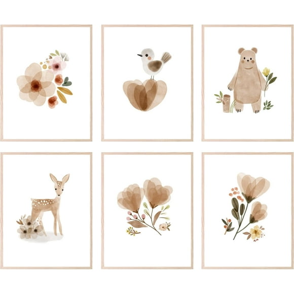 BigWig Prints - Boho Baby Room Wall Art, Woodland and Botanical Nursery Decor for Girls, Cute Boho-Inspired Baby Room Decorations, Neutral Nursery Wall Art - Unframed Set of 6 (8x10)