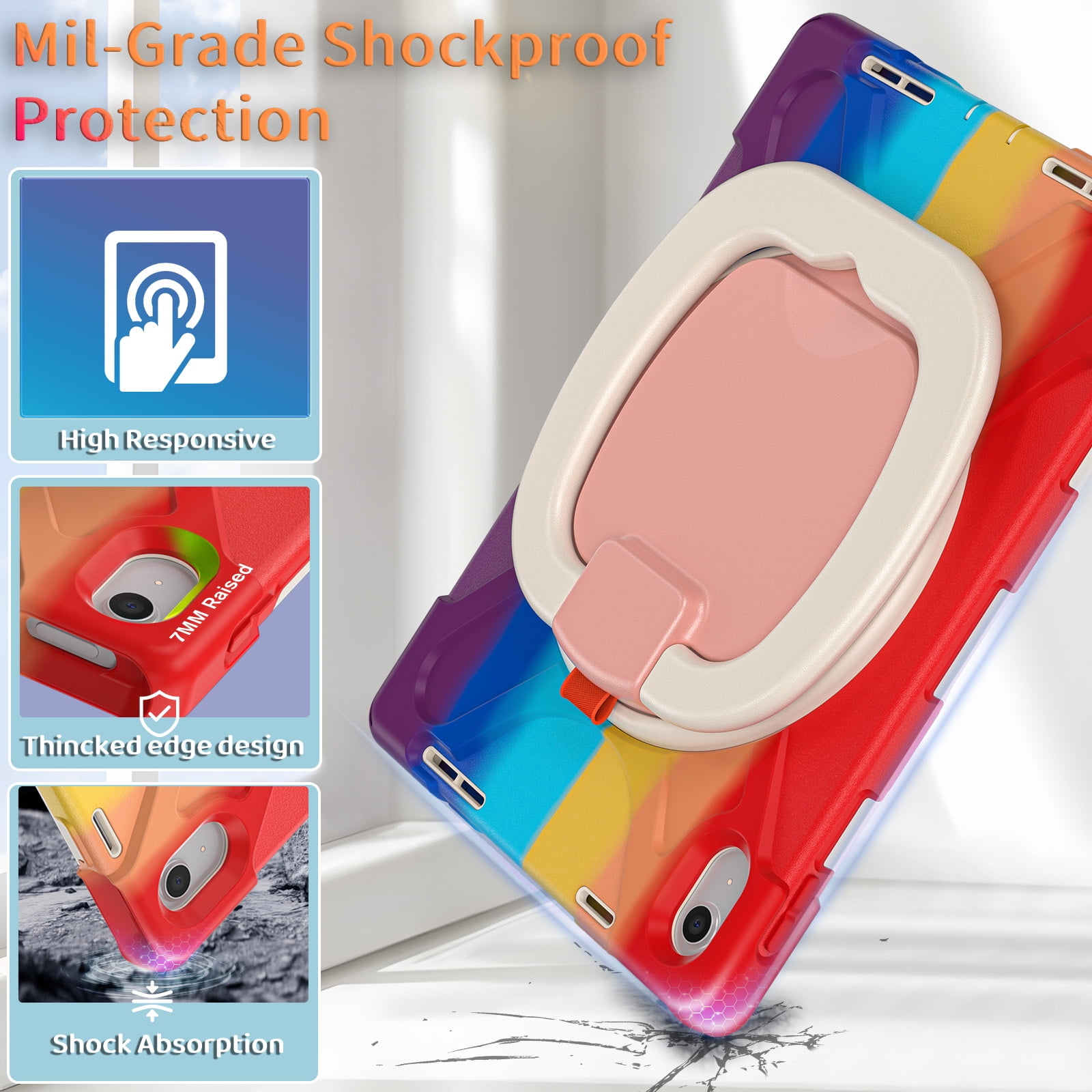iPad 10th Generation Case 2022,iPad 10th Gen 10.9 inch Rugged Case with Screen Protector,Rotating Stand/Pencil Holder/Carrying Shoulder Strap - Colourful Red